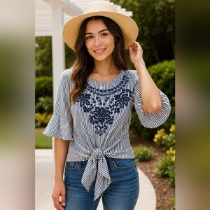 Bishop + Young Embroidered Front Tie Blouse Size Large
